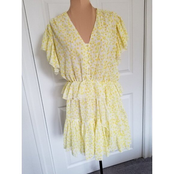 70F/21C Women's Yellow Multi Floral Print Ruffle Sleeve V-Neck Mini Dress M - Picture 1 of 8